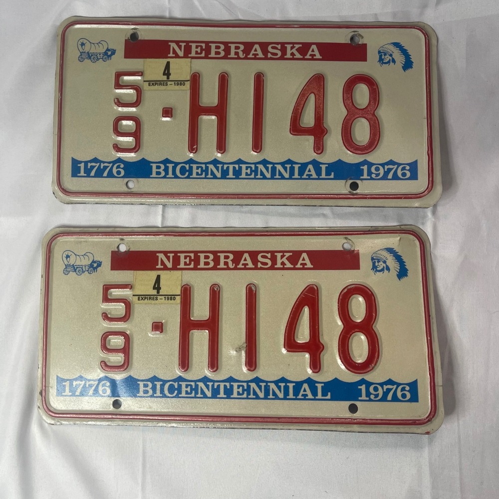 Vintage 1976 Nebraska Bicentennial License Plates Pair 59-H148 1776-1976